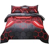 JQinHome Queen Gamer Comforter Set for Boys Girls Kids,6 Piece Bed in A Bag 3D Video Game Bedding -All Season Soft Microfiber Down Alternative Comforter Gamer Bedding Sets with Sheets （Red）