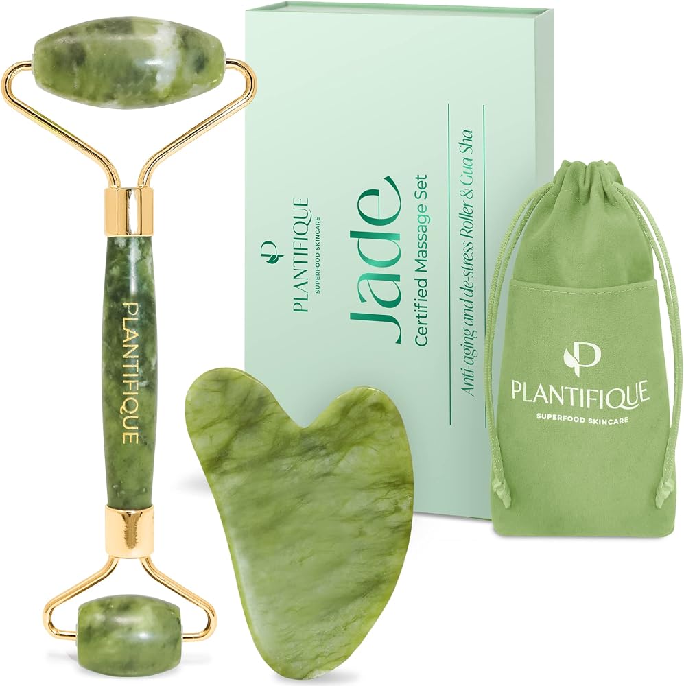 PLANTIFIQUE Jade Gua Sha Facial Tool & Face Roller Set - Giftable Box | Face Roller & Guasha Tool for Lymphatic Drainage, Fac