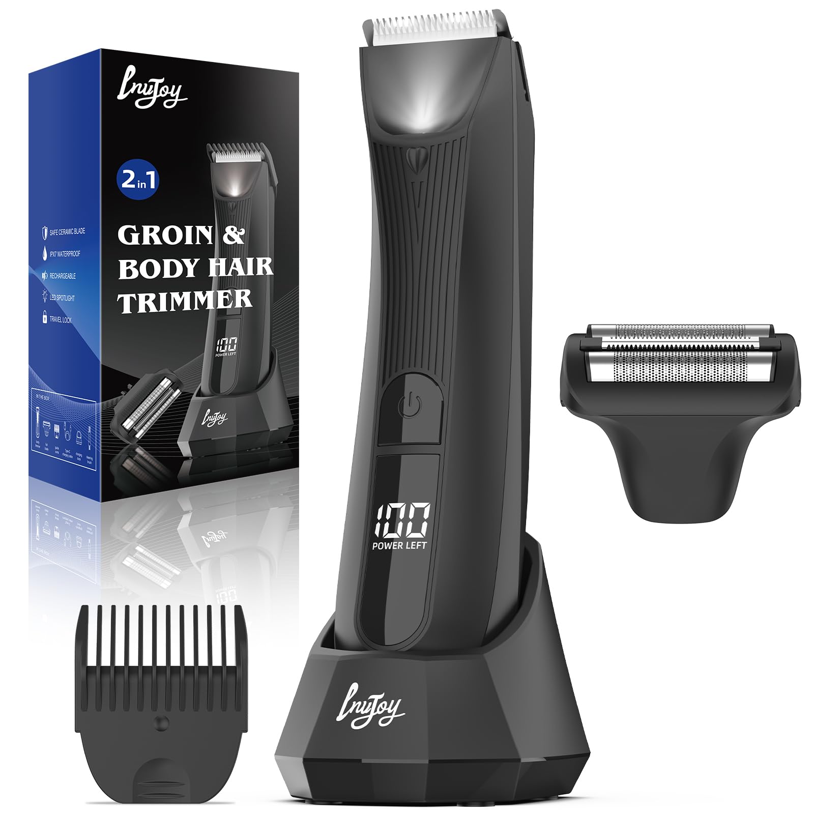 INVJOY Manscape Body Trimmer & Shavers for Men: Dual-Head Men’s Groin & Pubic Hair Trimmer, Waterproof Wet/Dry Ball Shaver with LED Light, USB-C Rechargeable Razors, Ceramic&Foil Blades, Gift for Men