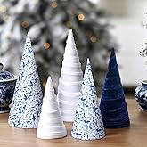 Colingmill 5 Pcs Blue and White Chinoiserie Christmas Cone Trees Floral Velvet Table Tree Decoration 10" 8" 6" Table Centerpiece Tabletop Tiered Tray Decorations for Xmas Parties and Homes