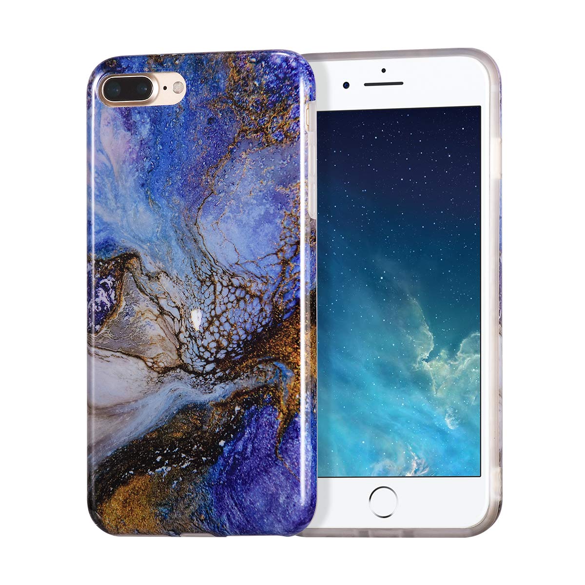 UEEBAI Case for iPhone SE 2020 iPhone 7 iPhone 8, Stylish Marble Case Ultra Slim Glossy Shockproof Flexible TPU Bumper Soft Case Anti-scratch Protective Cover for Apple iPhone 7/8 - Blue Black