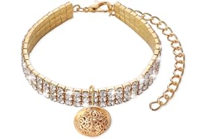 Cobee Bling Pet Collar with Diamonds and Palace Bell, Sparking Three-Row Rhinestones Detachable Cat Necklace Collar with Luxury Pendant Elastic Cat/Dog Collar with Huge Bell for Puppy Kitten(Gold)