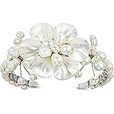 AeraVida Ocean’s Iridescent Garden White Mother of Pearls Seashell and Cultured Freshwater Pearls Floral Cuff Bracelet | Open Cuff Bangle Bracelet for Women