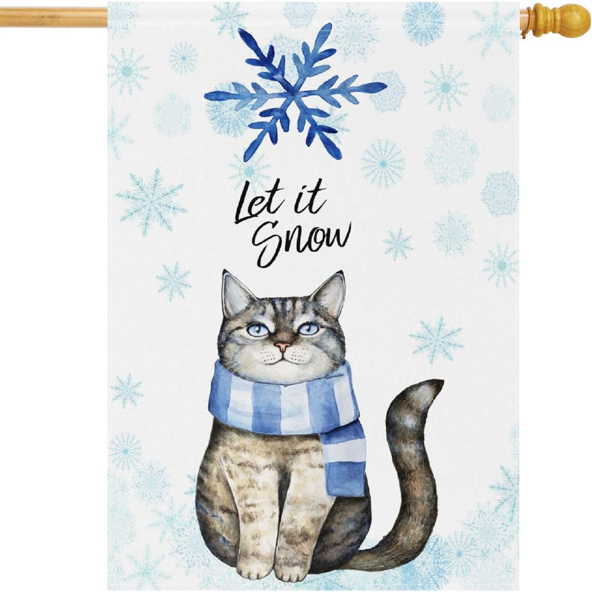 Wamika Winter House Flag 28 x 40 Double Sided, Cute Cat Kitten Let Snow Blue Snowflake Welcome Holiday Yard Outdoor Garden Flags Banner Party Home Decor Christmas Decorations
