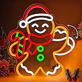 Christmas Neon Sign Waving Gingerbread Man Neon Sign for Wall Decor Led Gingerbread Christmas Decorations with Candy Cane Looks Like Waving Xmas Neon Light Up Signs for Window Bedroom Home Party
