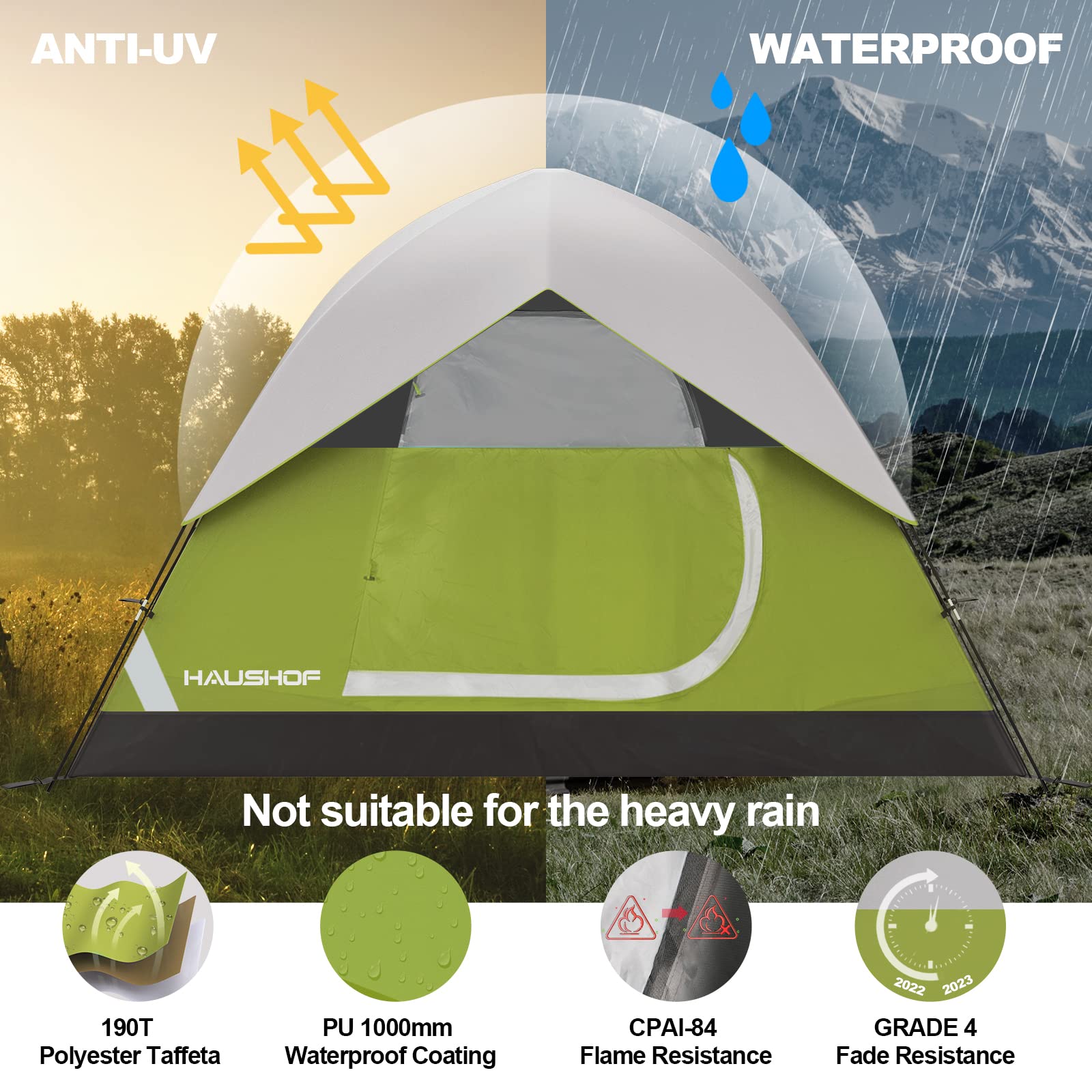 HAUSHOF 2/4-Person Family Dome Tent with Removable Rain-Fly, Easy Set Up Portable Camping Tent for Backpacking Hiking Backyard Outdoor, Green/Blue/2-person/4-person