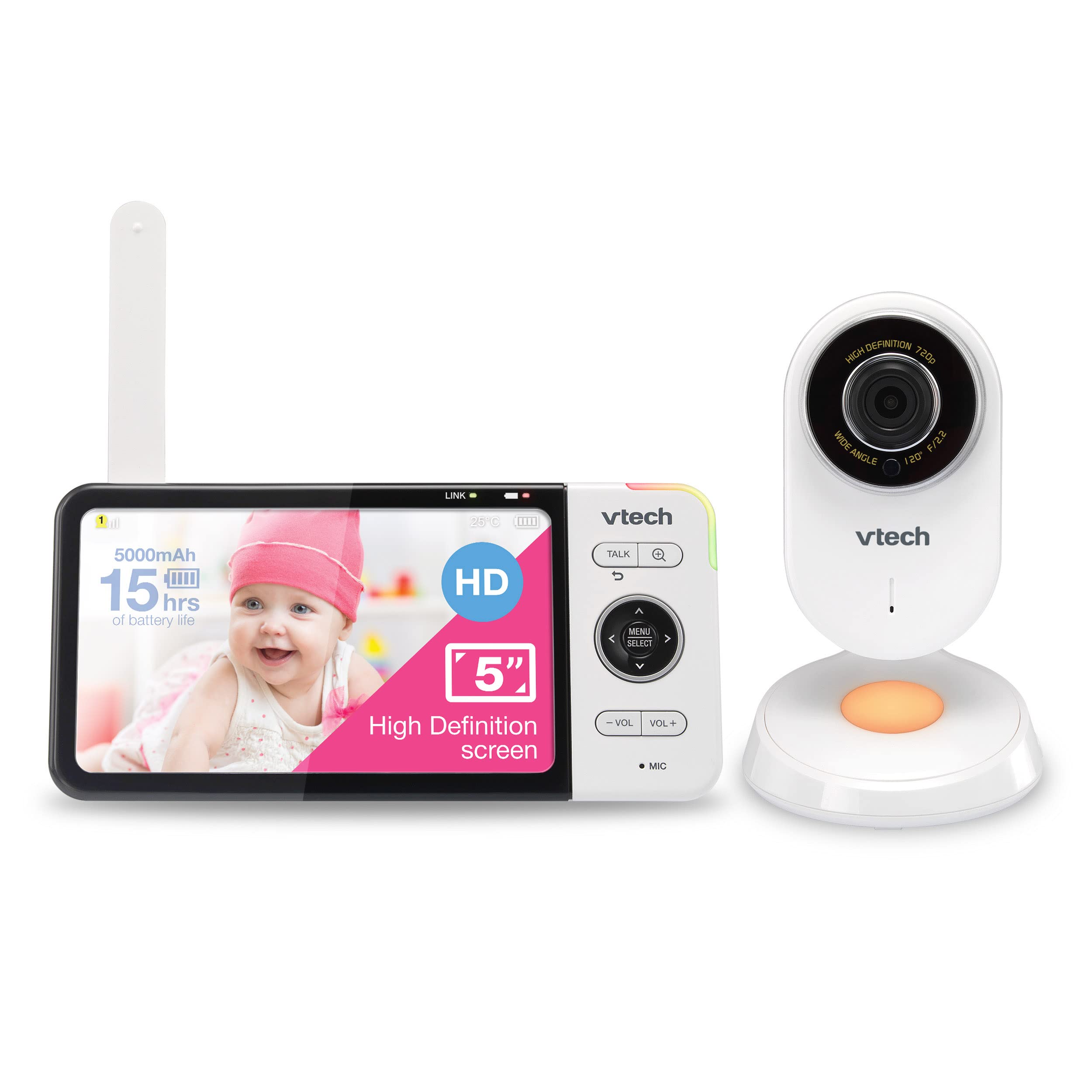 VTech VM818HD Video Monitor, 5-inch 720p HD Display, Night Light, 110-degree Wide-Angle True-Colour Day Vision, HD No-Glare Night Vision, Best-in-Class 300m Range, 2-Way Talk, White
