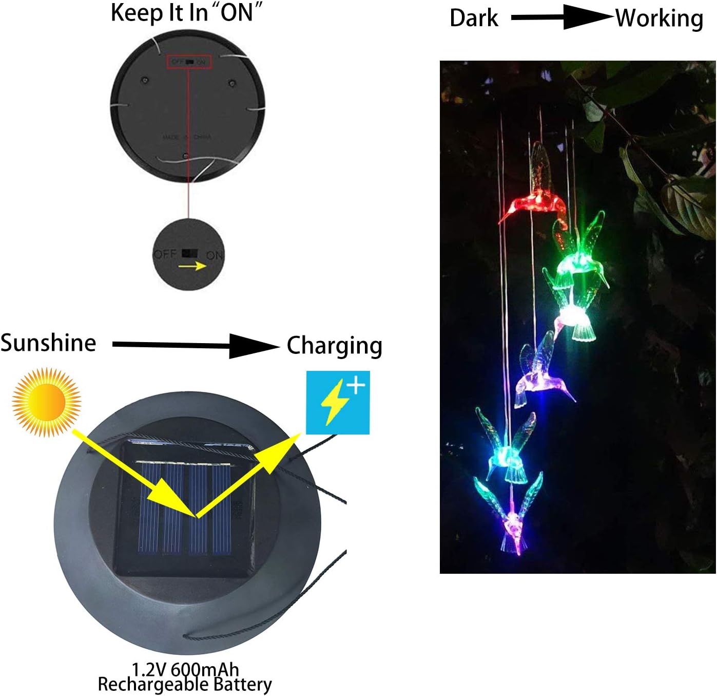 BeHiller Hummingbird Solar Lights Chimes Changing Color Bird Solar Hanging Lights Six LED Hummingbird Lights Mobile Wind Chimes Outdoor hummingbird lights for Garden Gifts Decoration (Six Hummingbird) : Garden & Outdoor