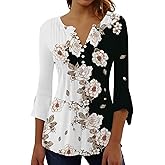 Womens Tops Dressy Casual Pleated Button Neck Summer Blouses 3/4 Flared Sleeve Fall Shirts