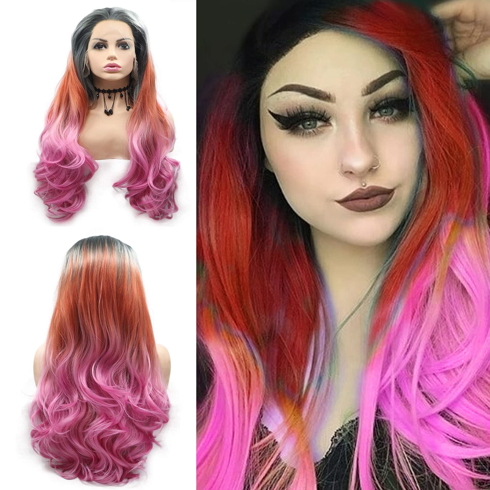 Pink Lace Front Wigs,Long Curly Synthetic Color Lace Wig Dark Roots to Pastel Mixed Orange Pink Purple Natural Wavy Wig Mermaid Colorful Heat Resistant Fiber hair Glueless Lace Front Wig for Women