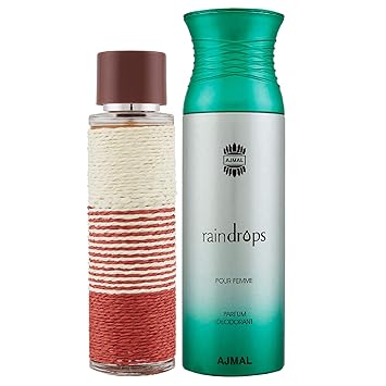 Maryaj Deuce Homme Eau De Parfum Spicy Woody Perfume 100ml for Men and Ajmal Raindrops Femme Deodorant Floral Chypre Fragrance 200ml for Women + 2 Parfum Testers FREE