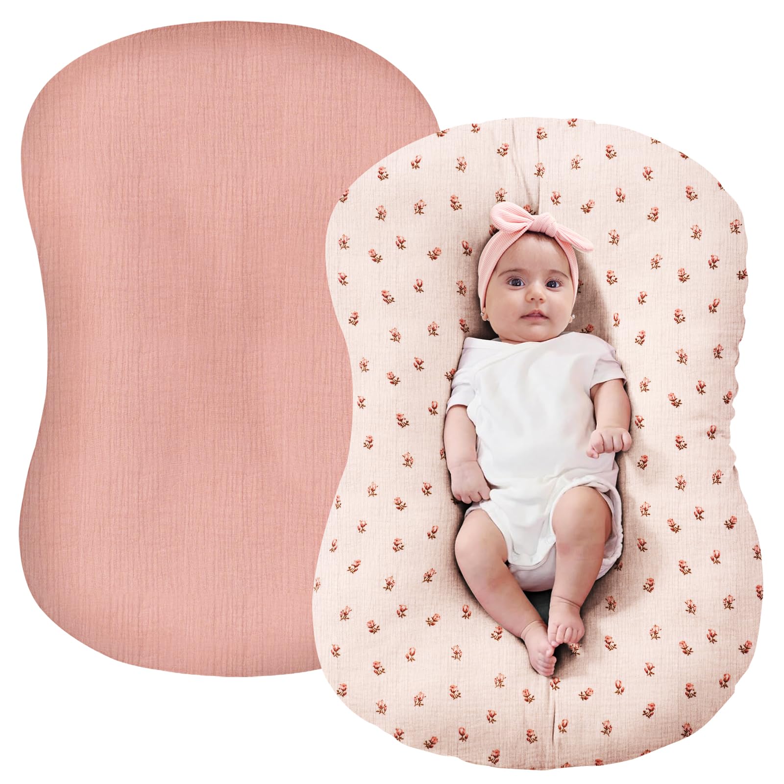 Photo 1 of FUNUPUP Muslin Baby Lounger Cover Compatible with Snuggle Me Lounger, Infant Lounger Pillow Cover for Newborn, Removable Newborn Lounger Cover for Boys and Girls, Pink&Pink Flower