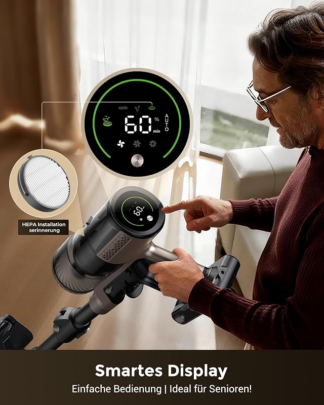 P20+ Staubsauger mit Wischfunktion, 70 KPa 70 Mins 680W Akku Staubsauger Kabellos mit Selbststehend Wandladestation Anti-Tangle 6 Schichten Filter 1,5L, für Teppiche Haustierhaare