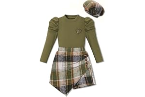 AMAWMW Girls Clothes Skirt Set Ribbed Puff Sleeve Top Plaid Skirt Shorts Beret Set 3Pcs Fall Winter Outfit