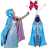 Fairy Godmother Costume for women Blue Hooded Cloak with Pink Bow Tie Star Stick Halloween Cosplay Princess Queen Outfit