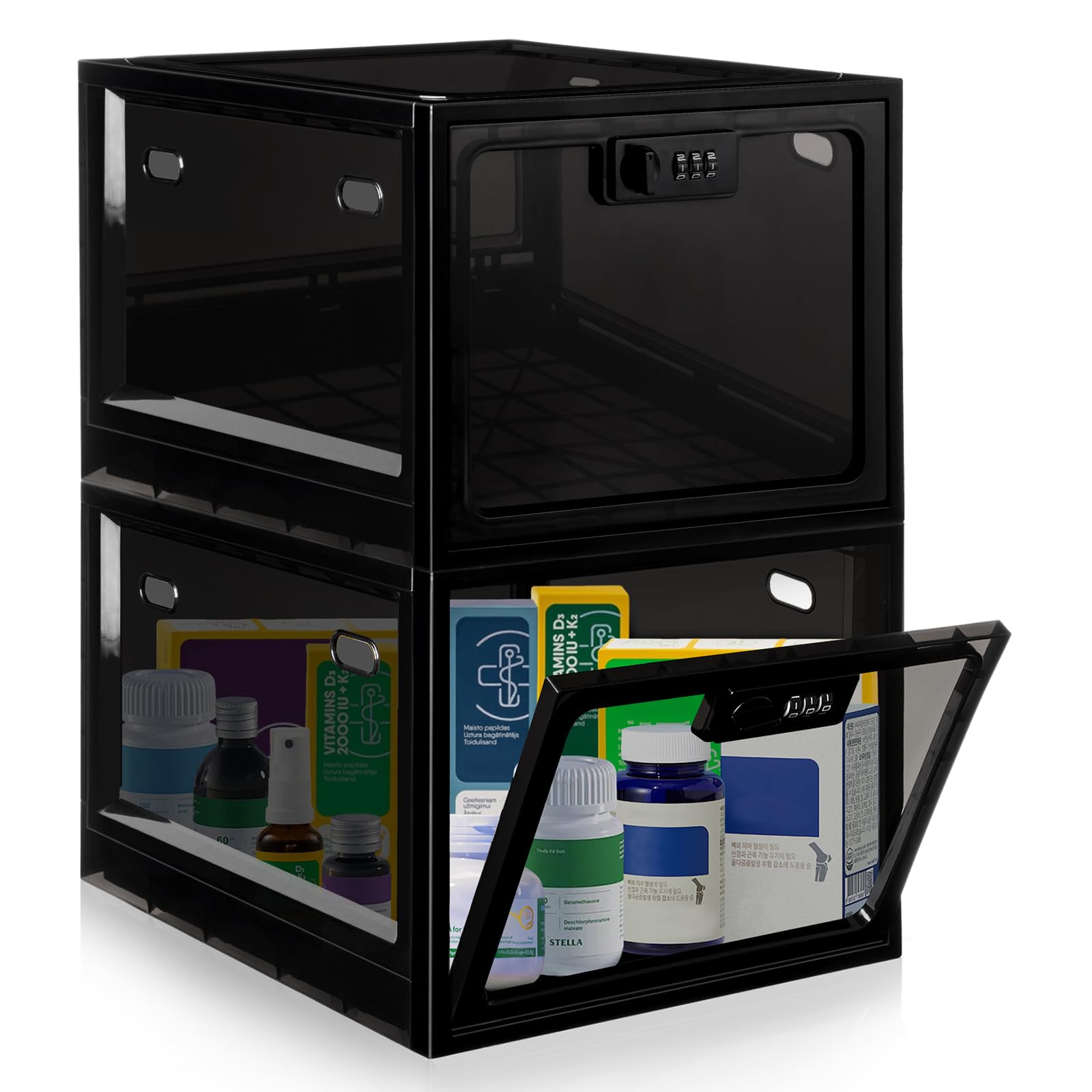 chefeggukk Medicine Lock Box with Code, 12.6L Large Lockable Storage Box for Medication, Snacks, Phone, and Electronics - BPA-Free, Clear Design with Charger Holes for Home, Office, Dorm, and Fridge