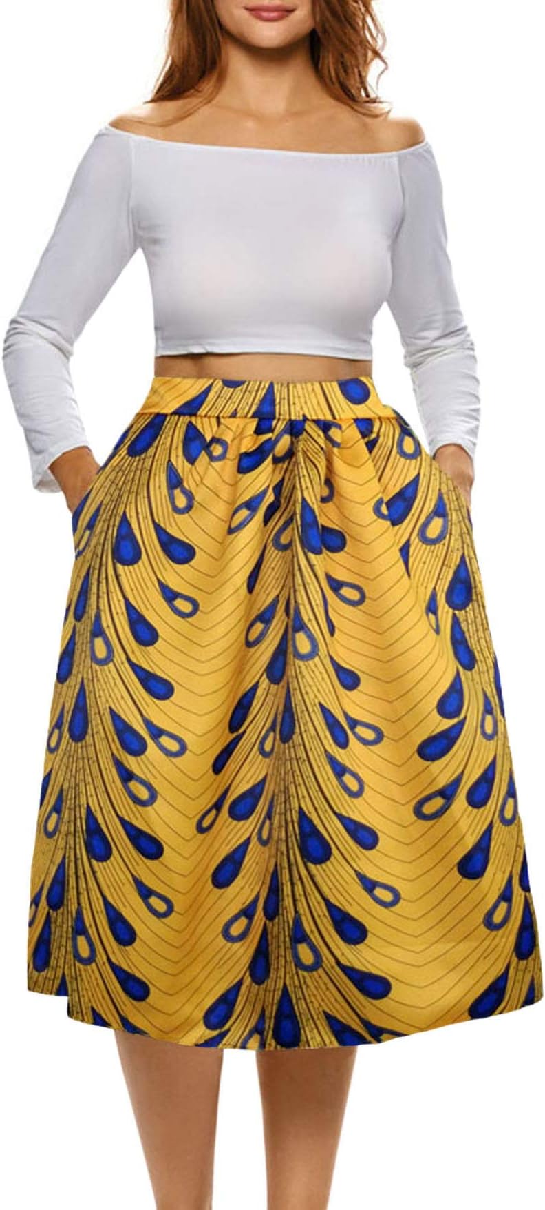 Women African Floral Print Skirt Pleated Midi Skirts with Pockets