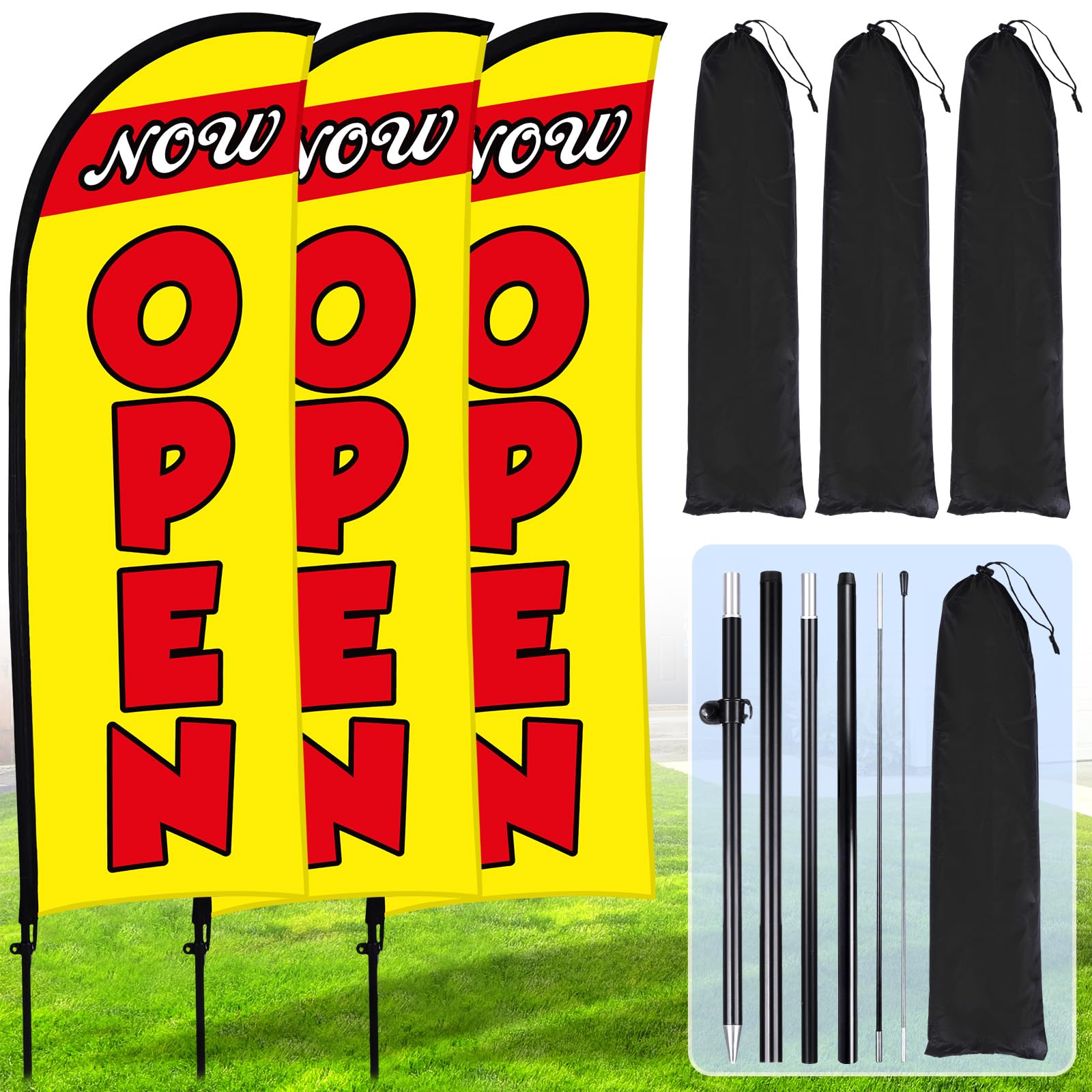 Photo 1 of Buryeah 3 Sets Now Open Feather Flag Pole Kit for Business Advertising 7 ft Open Flag Banner Sign with Pole Kit Ground Stake and Portable Bag for Outside Ground(Yellow)