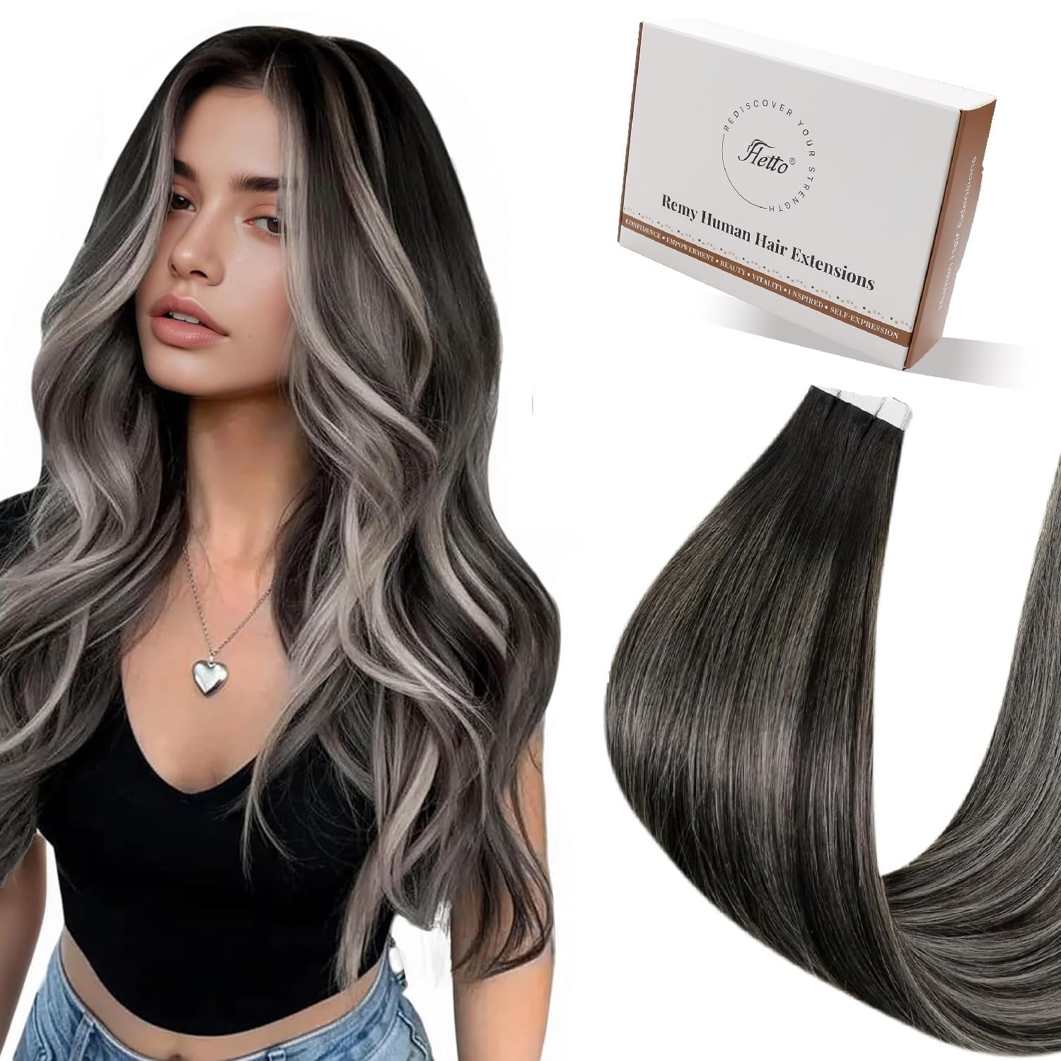 Hetto Tape Hair Extensions Human Hair Balayage Black Ombre Silver - Easy Wear Real Hair Tape in Extensions, Lightweight Invisible Seamless Tape Ins 14 Inch 20pcs 50g #1B/Silver/1B — image 1
