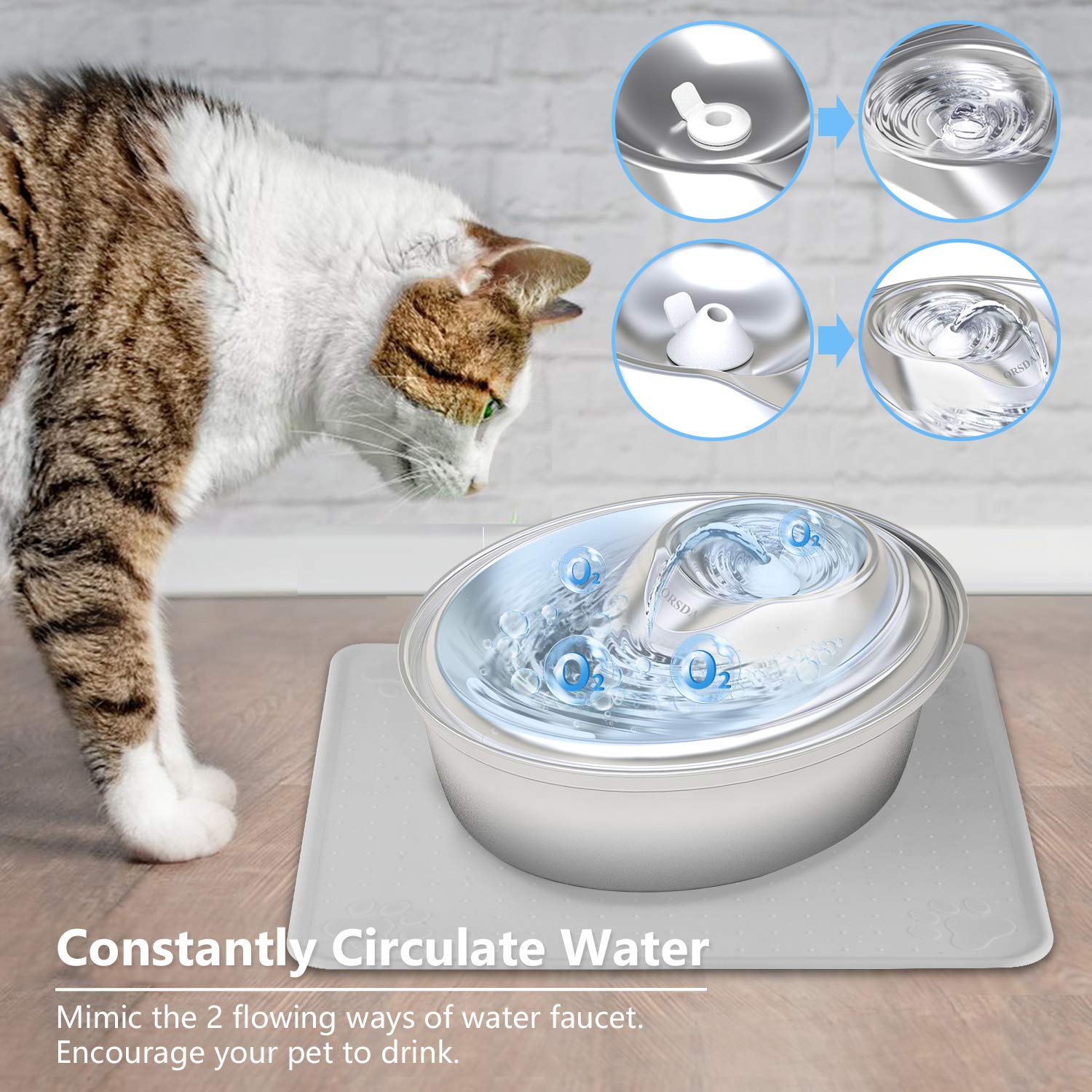 ORSDA Cat Water Fountain Stainless Steel, Pet Fountain Dog Water Dispenser, 67oz / 2L Ultra
