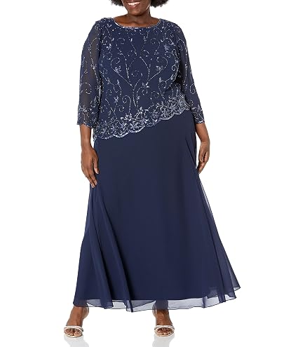 Amazon.com: J Kara Women's Plus Size 3/4 Scallop Beaded Pop Over Gown, Dusty Blue/Blue/Silver, 22W : Clothing, Shoes & Jewelry