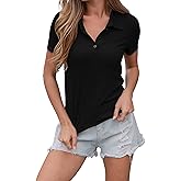 Women's Button Polo Shirts Collar Short Sleeve Ribbed Stretchy Slim T-Shirt Top
