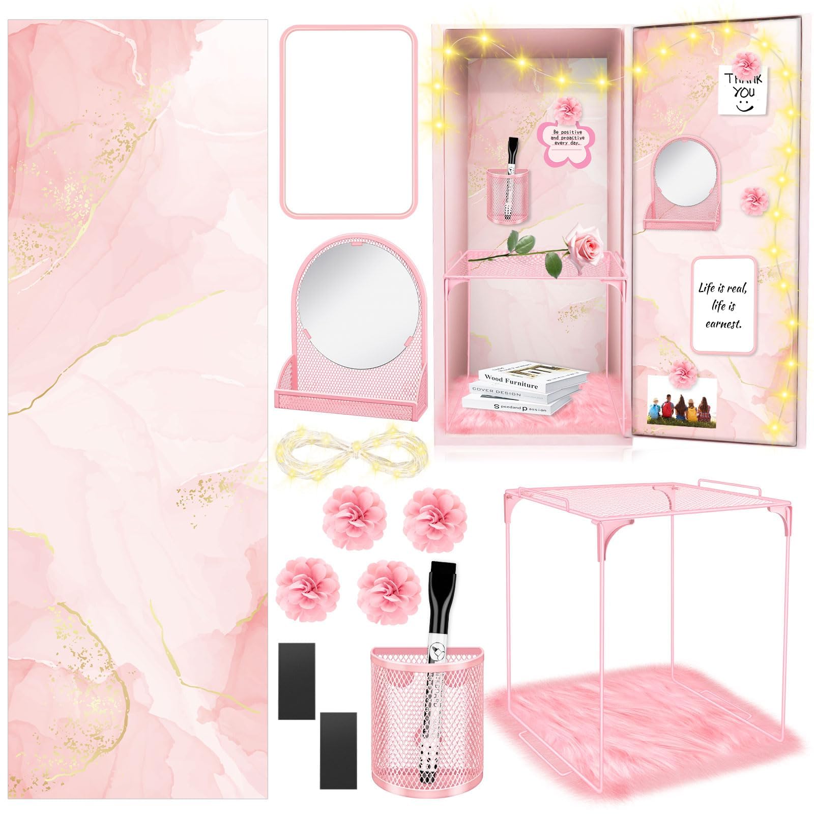Photo 1 of 17 Pcs Pink Locker Organizer Kit,Back to School Essentials Includes Locker Magnetic Wallpaper, Locker Shelf, Pink Magnetic Mirror, Magnetic Pen Holders, Cute Locker Rug and Organizing Supplies