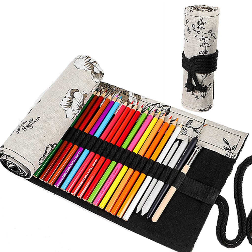 Ouceanwin Canvas Pencil Wrap, 72 Holes Canvas Pen Roll Up Holder, Portable Bag Pencil Case Pencil Case Pencil Case Travel Pen Holder Pencil Case Pencil Box for Artists School Office