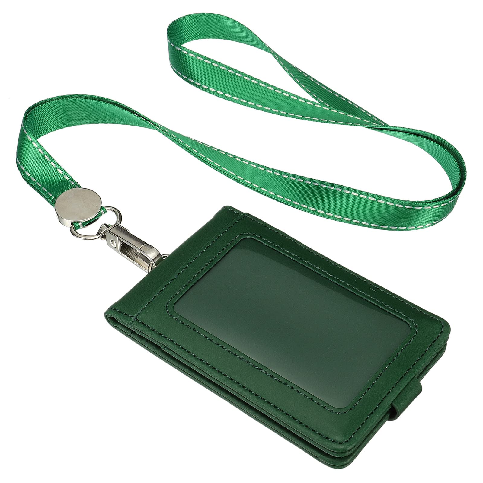 PATIKIL PU Leather ID Badge Holder with Detachable Neck Lanyard Set, Folded Credit Holder with 1 Clear Window 4 Card Slot for Offices, Deep Green