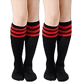 Syhood 2 Pairs Classic Athletic Knee High Socks Triple Stripes over The Calf Cotton Retro Tube Sock