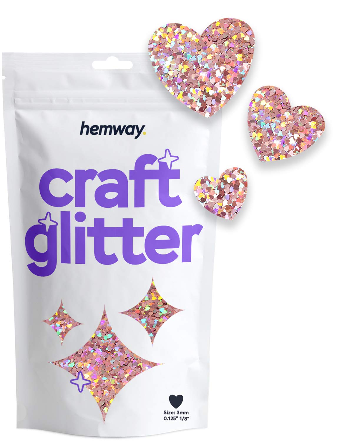 Hemway Craft Glitter Heart Shape, 50g, Rose Gold Holographic | Shaped Glitter for Crafts, Resin, Cosmetic, Nail, Face, Body, Festival, Tumblers, Art, Crafting