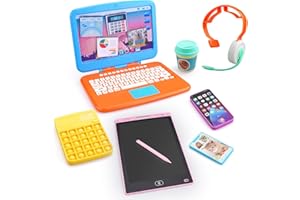 KUMDIYIT Pretend Play Home Office Set-Toy Silicone Kids Laptop,2 Cell Phones,LCD Writing Tablet,Pop Fidget Calculator,Headset & Beverage Cup for Toddlers(Ages 3+)-Work Simulation Play