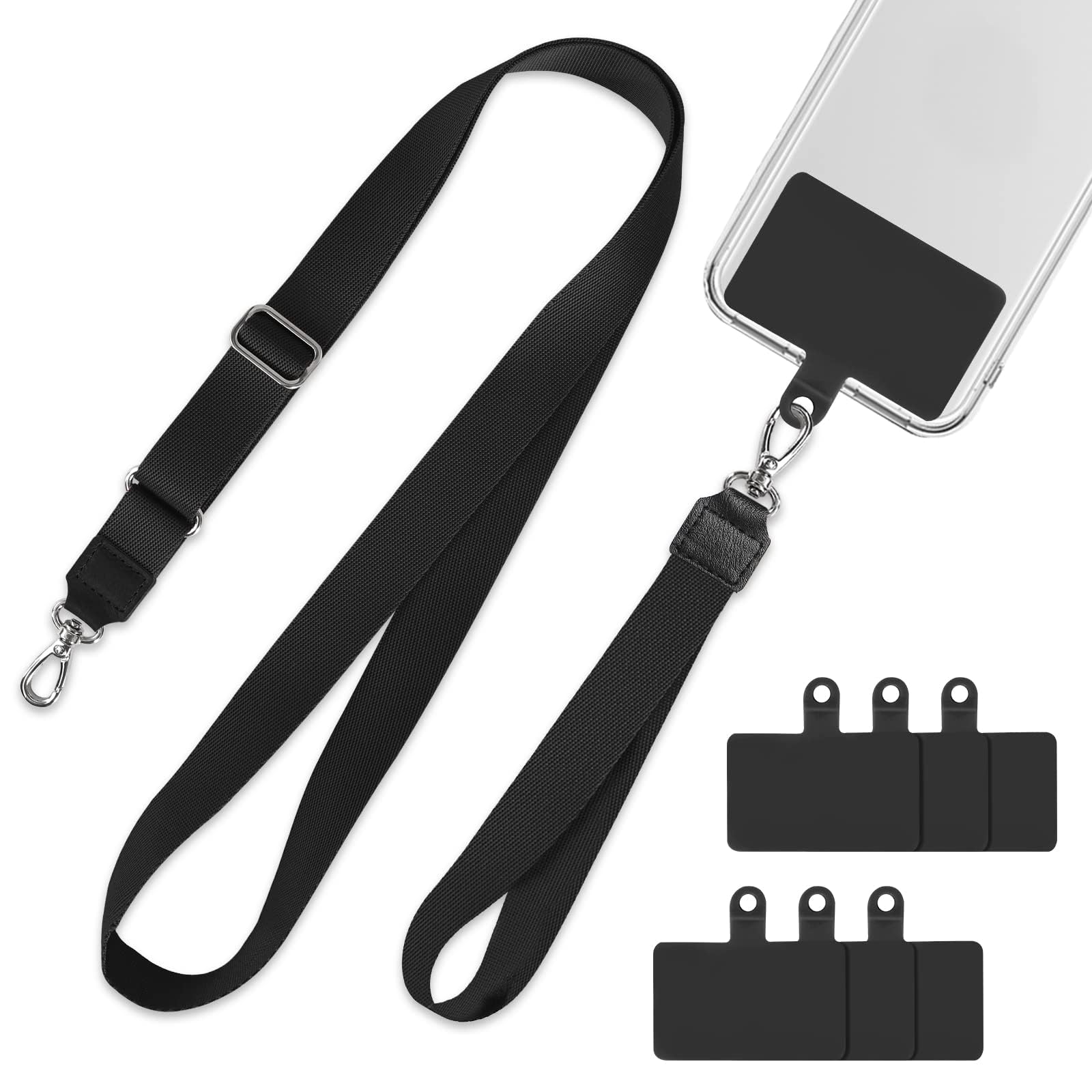 mylovetime Phone Lanyard, Adjustable Phone Neck Strap with Wrist Band, Universal Crossbody Phone Charm with 6 Patchs, Compatible With Most Smartphones Black
