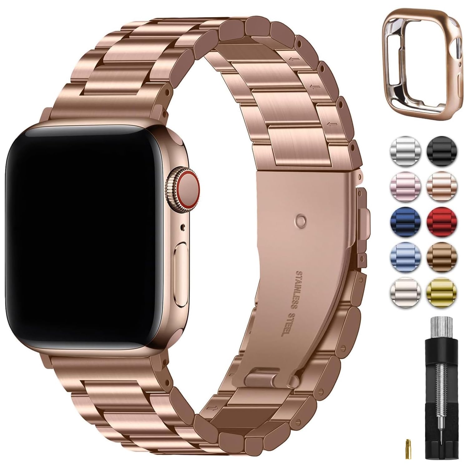 Fullmosa Compatible with Apple Watch Straps 40mm 41mm 38mm 42mm(Series 11/10), Metal Stainless Steel Replacement Bands for iWatch SE 3 2 1/Series 11/10/9/8/7/6/5/4/3/2/1, Rose Gold & Protective Case