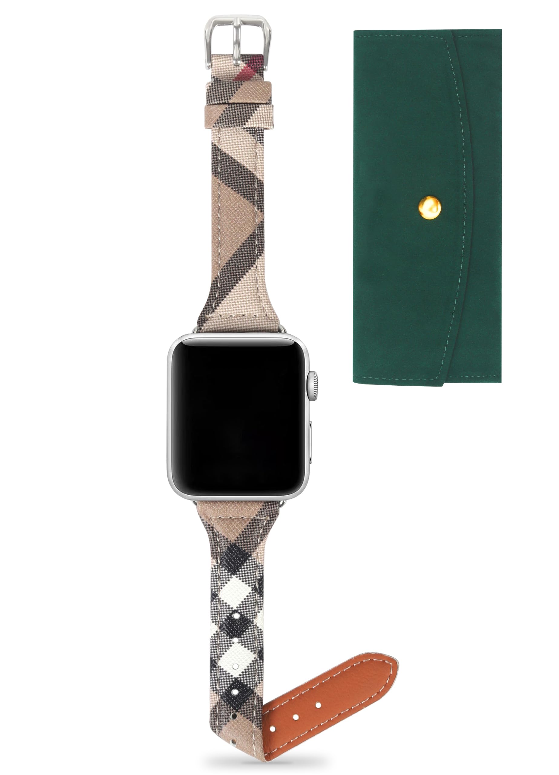 Designer Slim Leather Watch Bands for Women Compatible with Apple Watch Bands 41mm 40mm 38mm, Luxury Beige Plaid Elements Soft Leather Band with Classic Firmly Buckle for iWatch Series10/9/8/7/6/5/4/3/2/1/SE