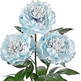 Briful 3PCS Faux Peony Flower Stems, 25.5" Artificial Peony Flowers Realistic Fake Flowers for Vase Arrangements Wedding Centerpieces Decoration(White Blue)
