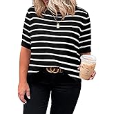 Eytino Women Plus Size Sweater Tops Short Sleeve Crewneck Striped Tshirts Casual Summer Blouses Shirts(1X-5X)