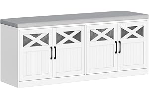 Hzuaneri 2 Tier Shoe Storage Bench with Doors, 47.2" Farmhouse Shoe Bench with Padded Cushion, 12 Pairs of Bed End Bench, Ent