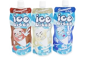 Snowcone On The Go Ice Bites - Flavored Frozen Ice Pouches, Variety Pack, Strawberry, Blue Bubble Gum & Wedding Cake, 8 Oz each (Pack of 3)