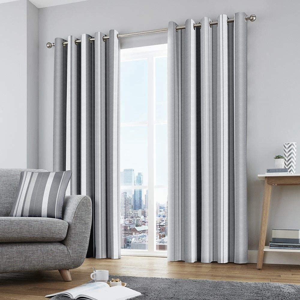 Fusion Stripe Curtains – Grey – W229 x L229cm – 2 Panels – 100% Cotton – Eyelet – Grey Striped Drapes for Bedroom & Living Room – Matching Cushion Available