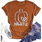 Thankful Shirts Women Thanksgiving Pumpkin T-Shirt Funny Graphic Tees Short Sleeve Fall Tshirts