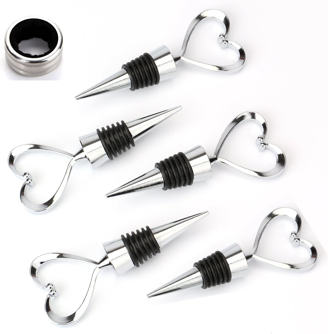 EsmartD 6 PCS/Set 5 Pcs Silver Stainless Steel Love Heart Shape Design Bottle Wine Stopper + 1Pcs Drop Ring - Decorative and Favors Wedding