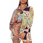 Women's Shirt Dresses Button Down Colorful Blouses Long Sleeve Floral Print Tops Loose Collar Sexy T-Shirts