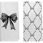 Kemingni Black Coquette Bow Knot Kitchen Towels Set of 2,Preppy Hand Towels for Bathroom,Preppy Bathroom Decor,Black Bow Ribbon Dish Towels Tea Towels for Kitchen,16x24 Inch