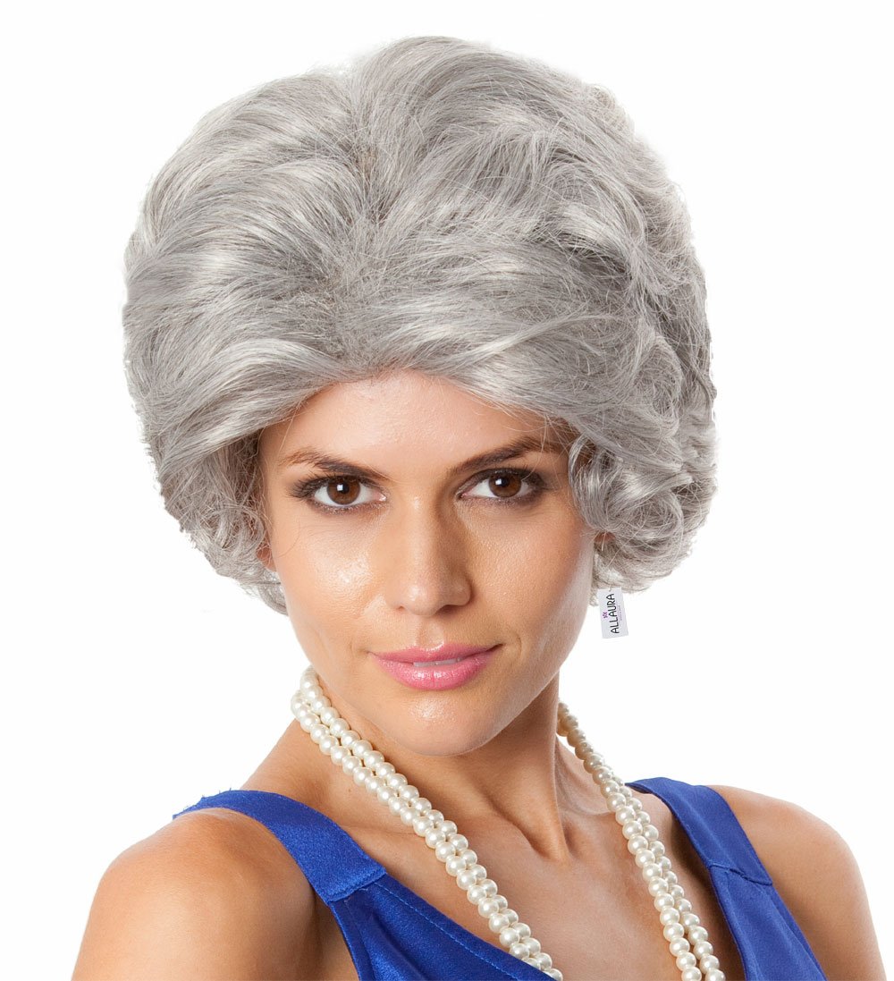 ALLAURA Old Lady Wig Grandma Wig Granny Costume Gray Wigs Queen Elizabeth Costume Fits Adults Women Granny Wigs