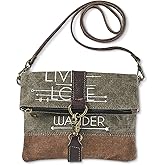 SAGEFINDS Live Love Wander Upcycled Canvas Crossbody Bag | Earth Friendly Materials | Shoulder Purse | Small Clutch | Fold-Over Zip Top | 22” Detachable Strap