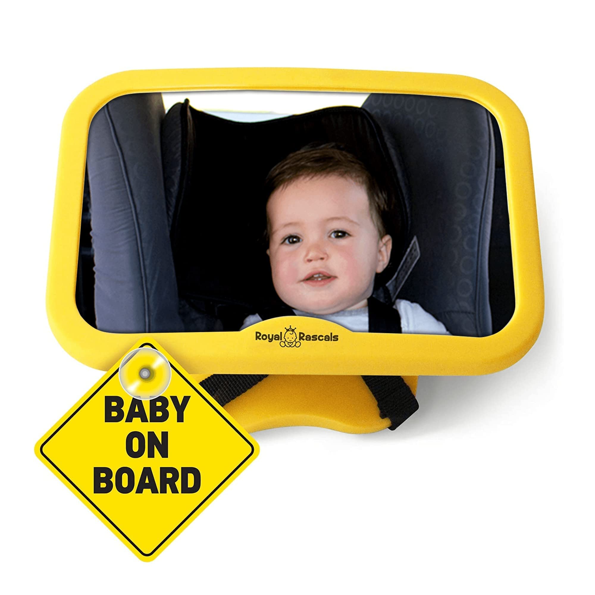 Royal Rascals Baby Car Mirror for Back Seat - Shatterproof Car Rear View Mirror w/360° Rotation, Adjustable Straps & Strong Mount, Essentials for Newborn Safety + Baby on Board Sign, Safety Yellow