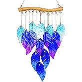 Kenpiko Sea Glass Wind Chime, Leaf Shape Glass Windchime for Outside, Indoor Outdoor Decor for Patio Garden Yard, Nice Gifts for Mom & Women, Memorial Sympathy Gift for Home