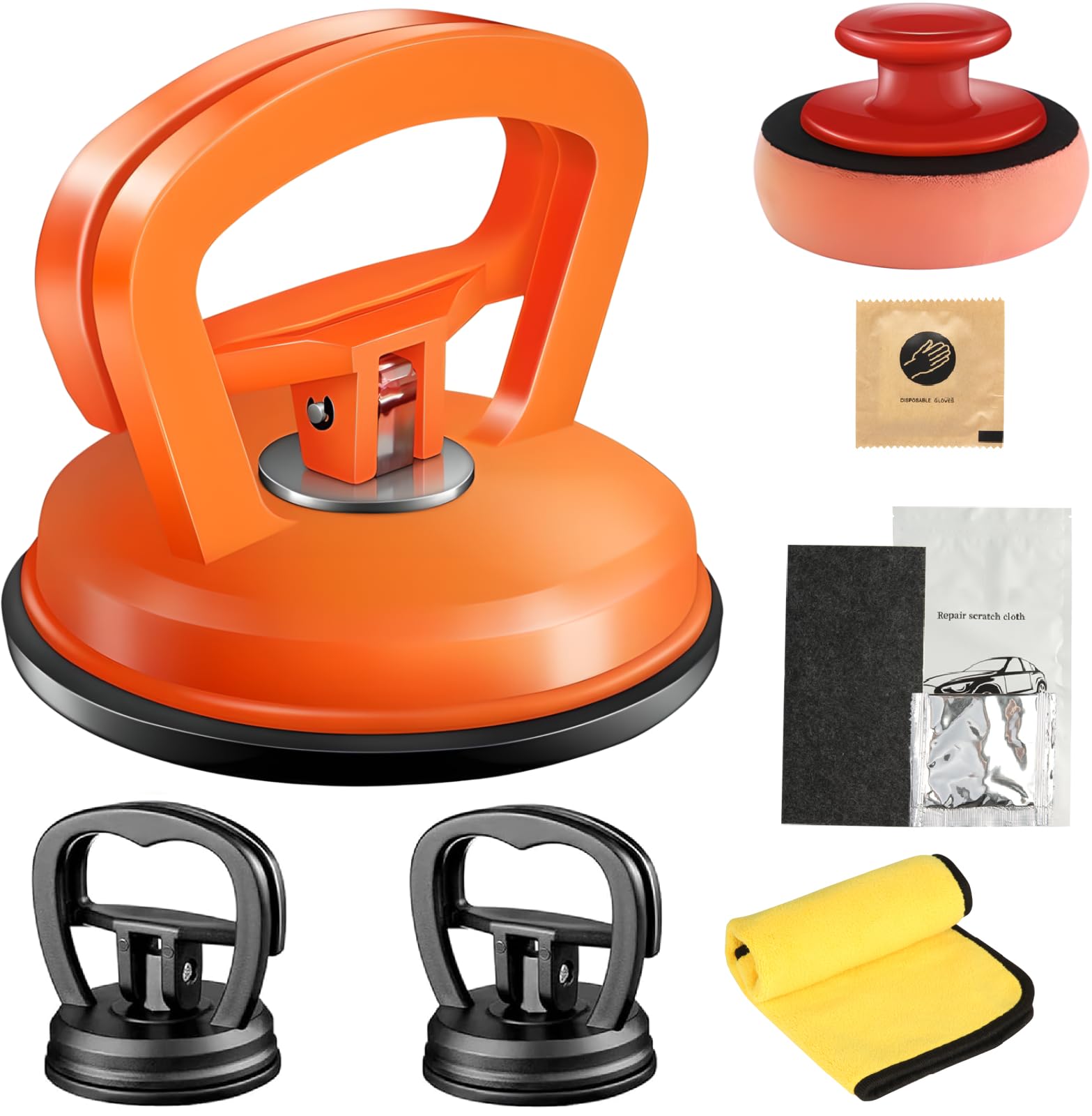 Photo 1 of Anatason Dent Puller, 7 Pack Car Dent Removal Kit with Nano-Scratch Repair Cloth & Wax, Suction Cup Dent Remover Tool for Auto Body Repair, Glass, Objects Moving - Orange & Black