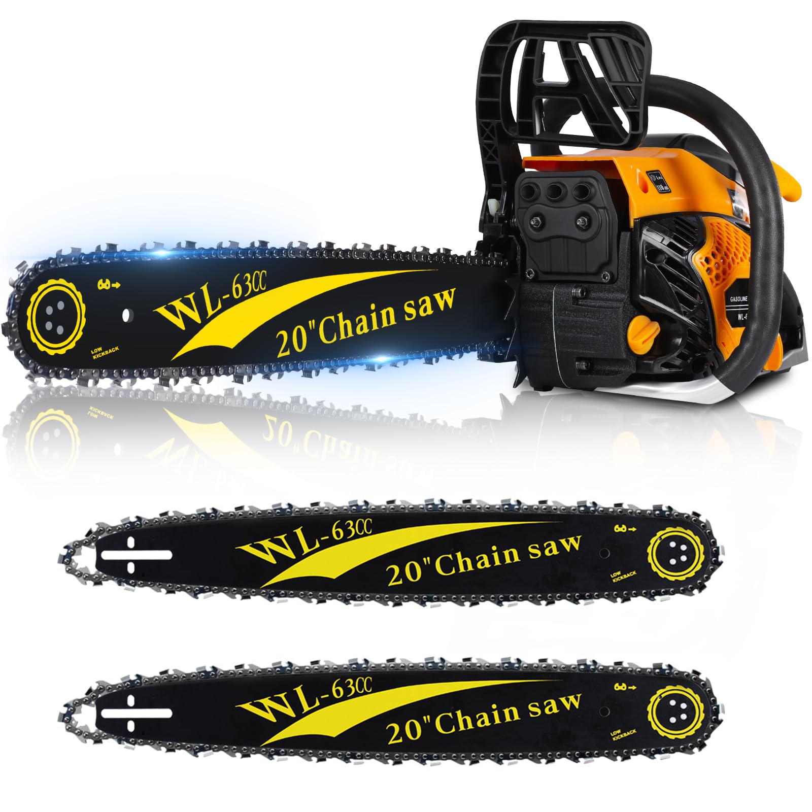 Photo 1 of WTHW 63CC Gas Powered Chainsaw 20 Inch, 2-Cycle Engine with 2 Chains & Bars, Heavy Duty Gas Chain Saw for Tree Felling, Logging, and Firewood Cutting (63CC – Yello)